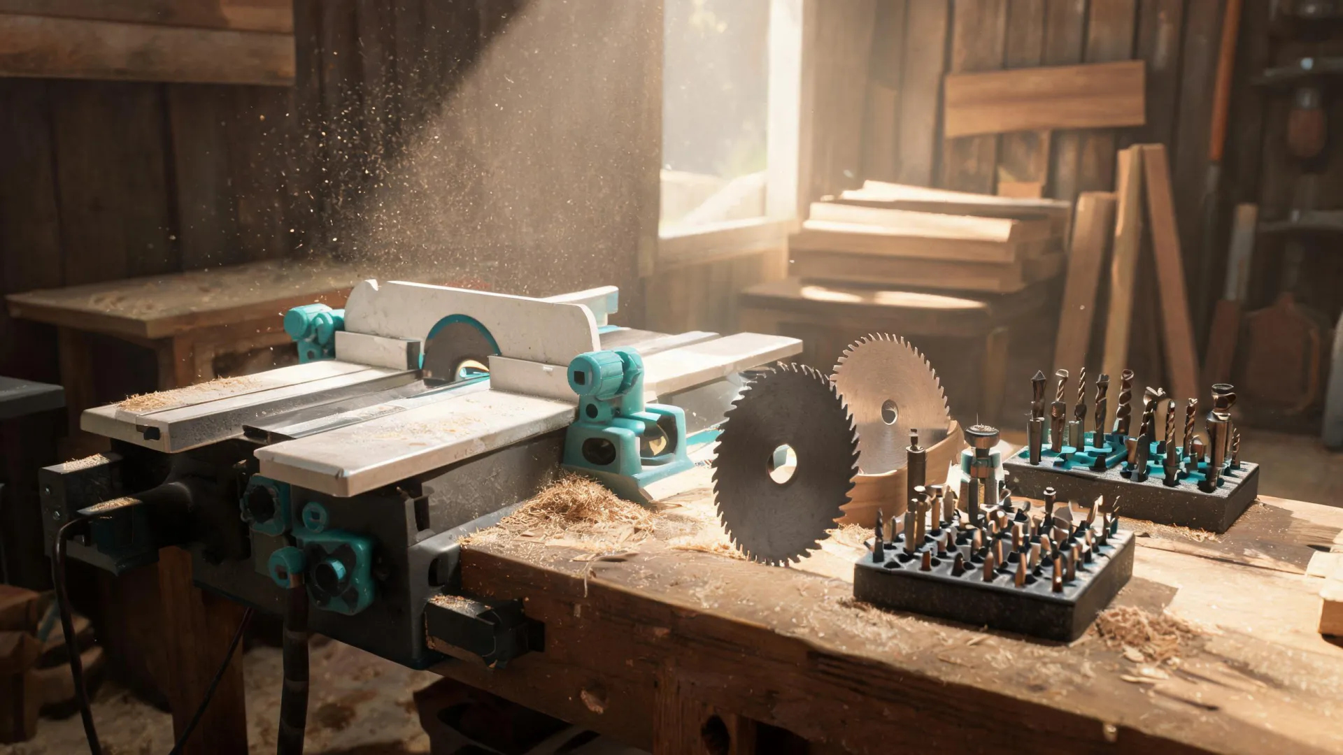 Freud saw blades and router bits on a busy woodworking jobsite