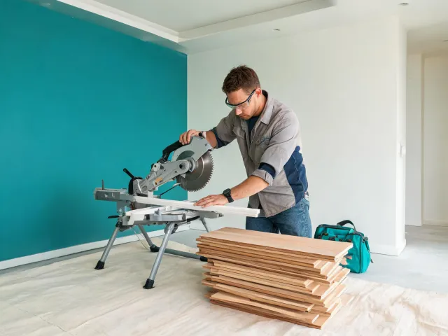 Remodeling crew cutting trim with saw blade