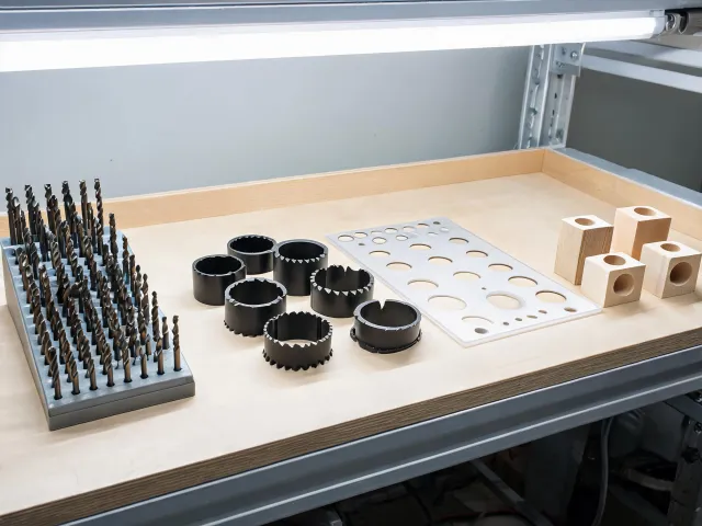 Installation bench with drill bits and hole saws